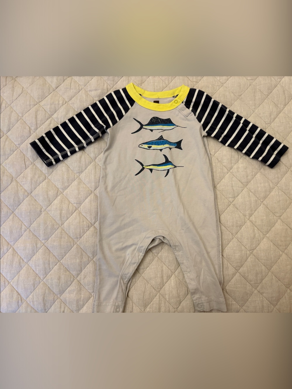 Tea Collection Gray One-Piece with Navy Stripe Sleeves and Yellow Trim